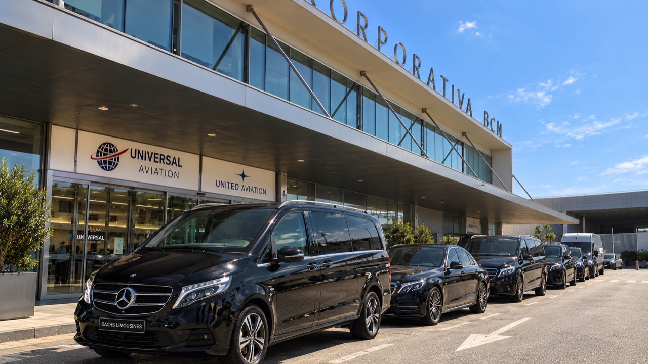 Mercedes-Benz vehicles lined up outside the corporate aviation terminal at Barcelona airport