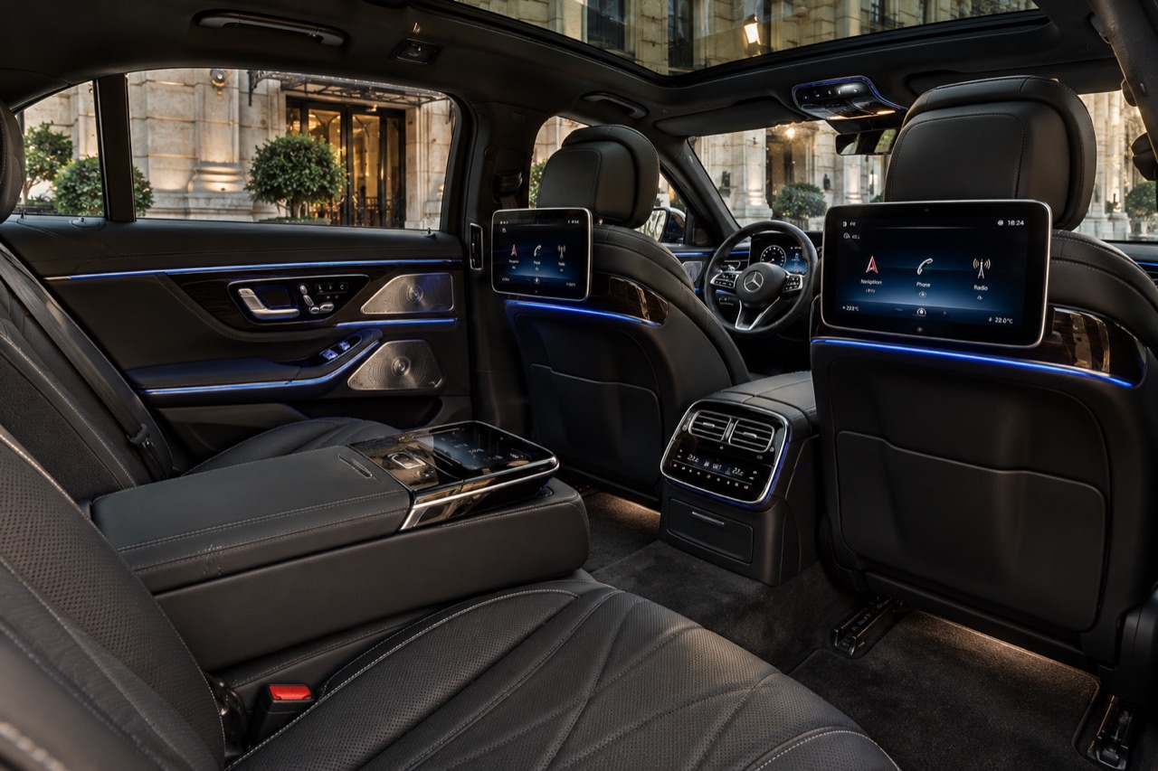 Rear cabin of a Mercedes-Benz S-Class with ambient lighting