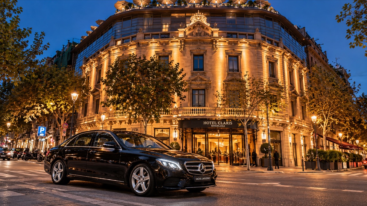 Mercedes-Benz E-Class outside Hotel Claris in Barcelona at night