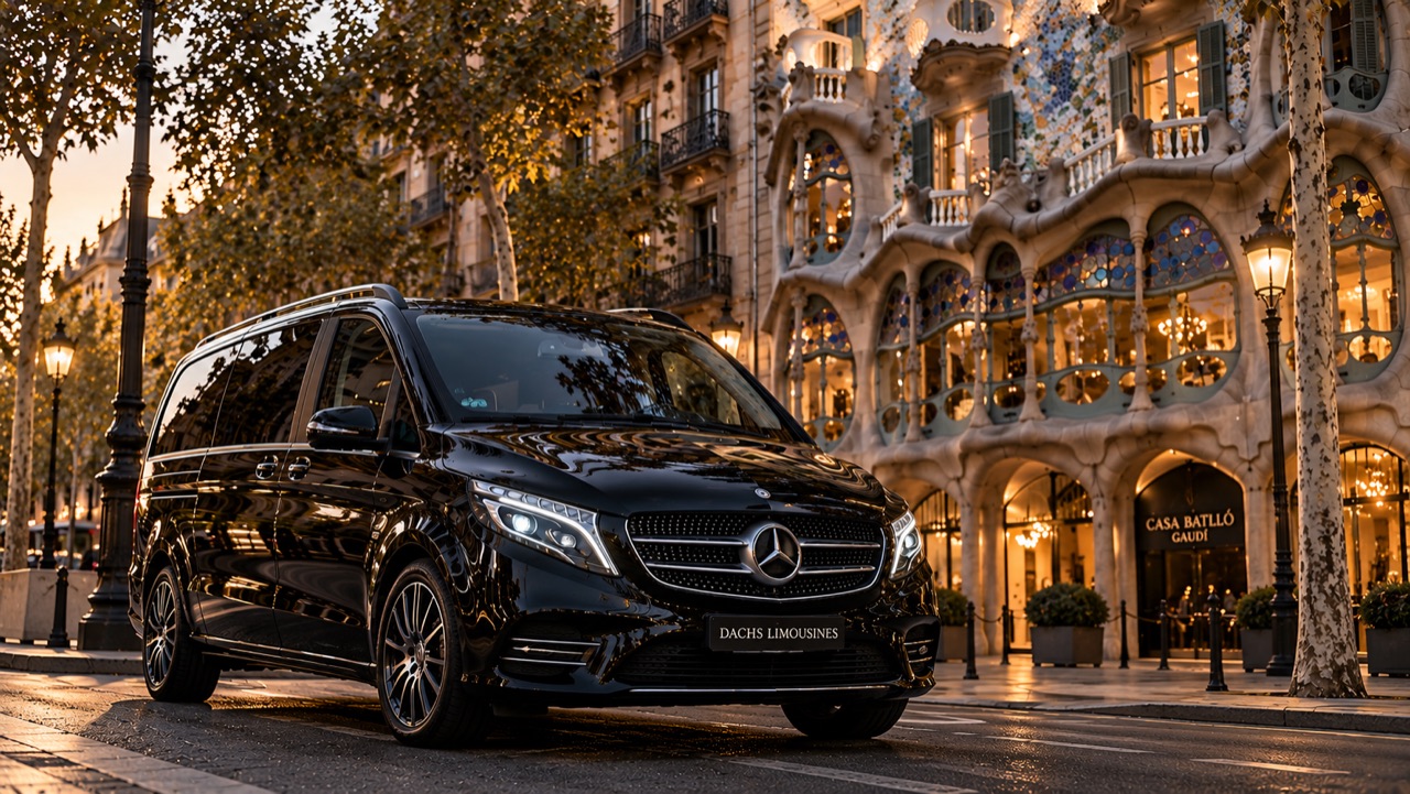 A black Mercedes-Benz V-Class in front of Casa Batlló in Barcelona at dusk