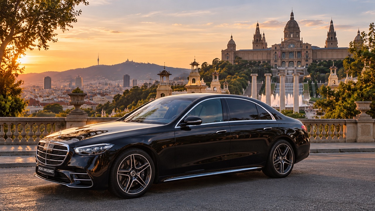 Mercedes-Benz S-Class on Montjuïc with the MNAC at sunset